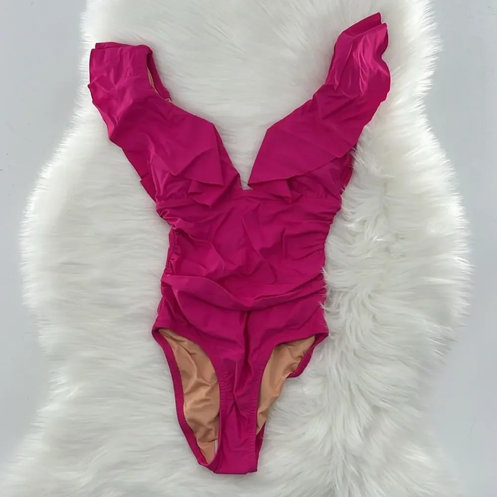 J.Crew Ruched Ruffle One-Piece Swimsuit -  Radiant Fuchsia - 0 - NWT